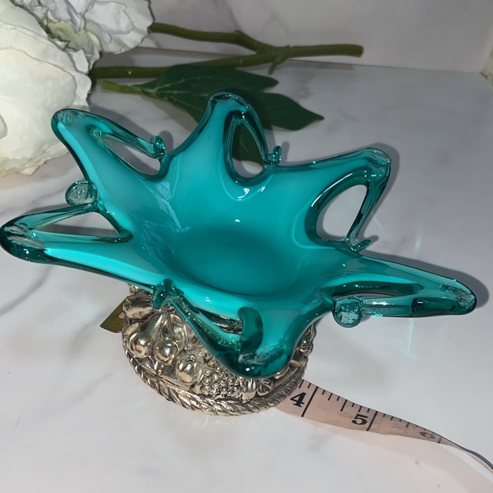 Small Murano Footed Glass Bowl Dish Glass Trinket Tray With Silver Fruit Stand - Picture 17 of 17